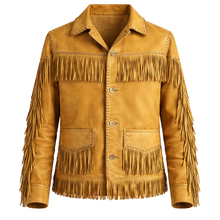Men's vintage brown fringed jacket with retro styling