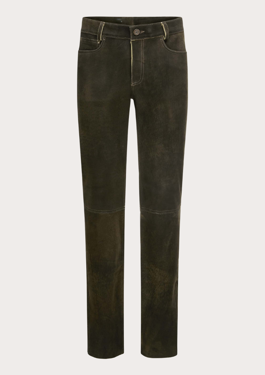 Men's vintage brown suede leather pants with classic rugged styling