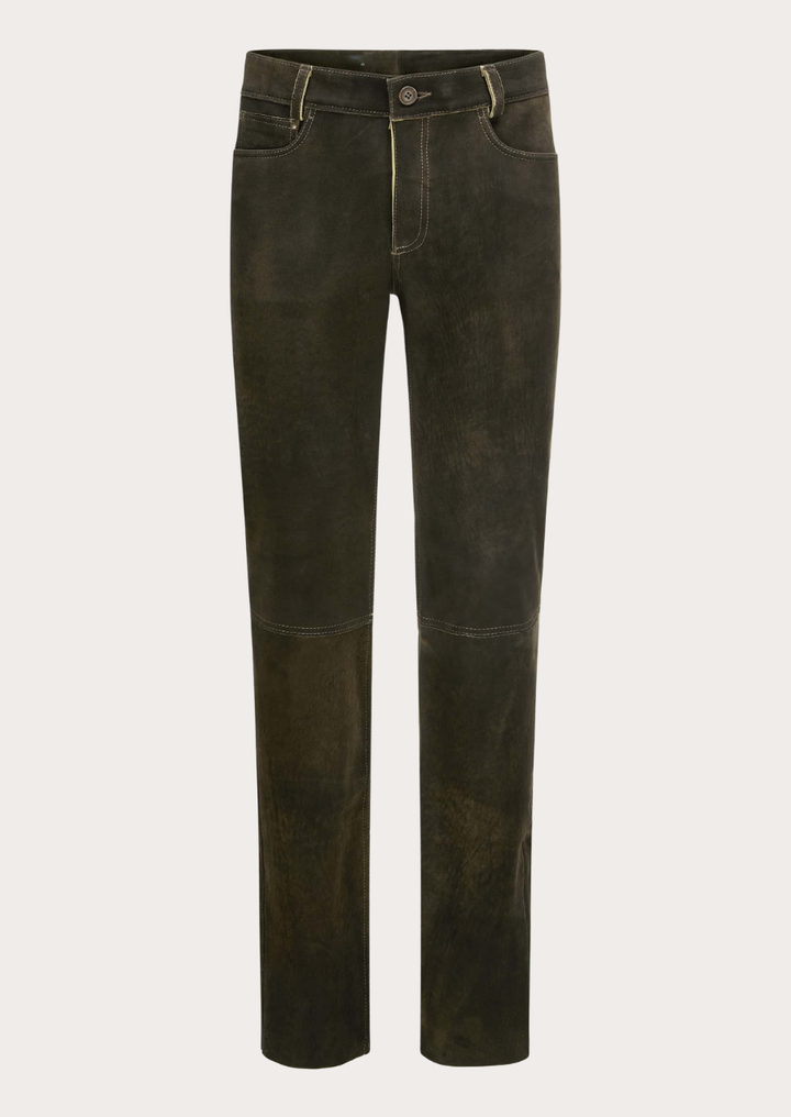 Men's vintage brown suede leather pants with classic rugged styling