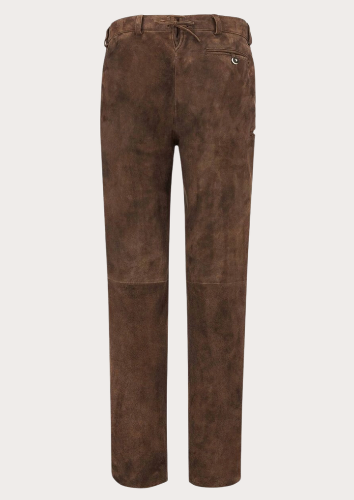 Men’s vintage suede leather trousers in brown crafted from premium sheepskin