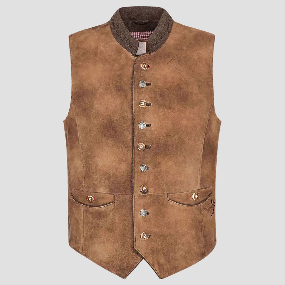 Embrace classic Oktoberfest fashion with this vintage leather Trachten vest, combining tradition and timeless style.