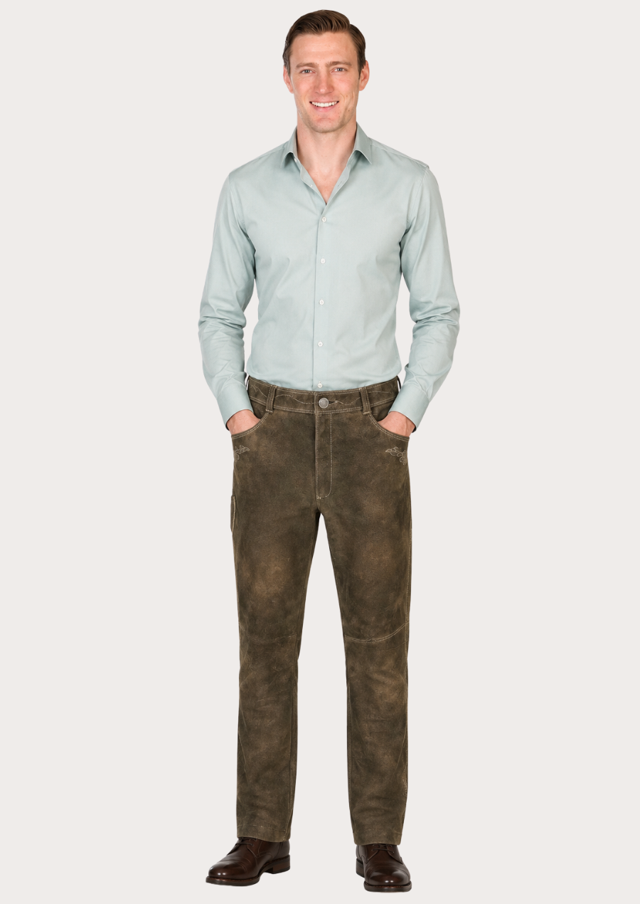 Men’s premium suede trousers in olive black with a worn vintage aesthetic