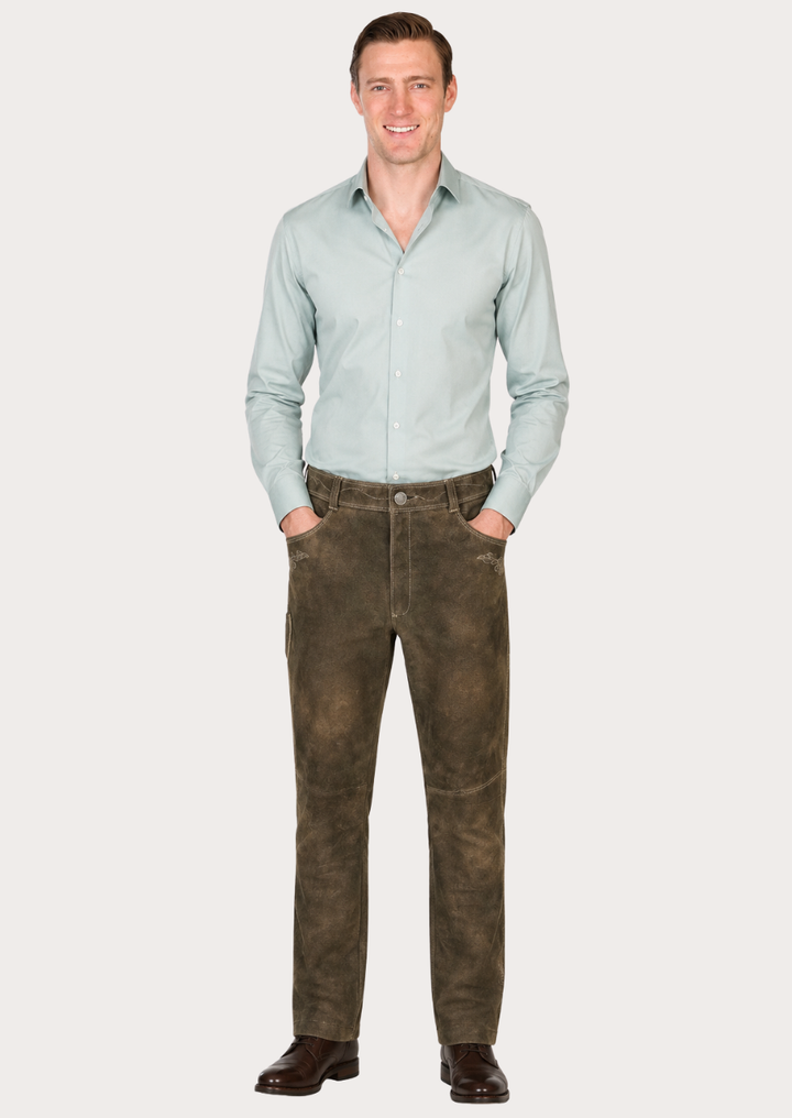 Men’s premium suede trousers in olive black with a worn vintage aesthetic