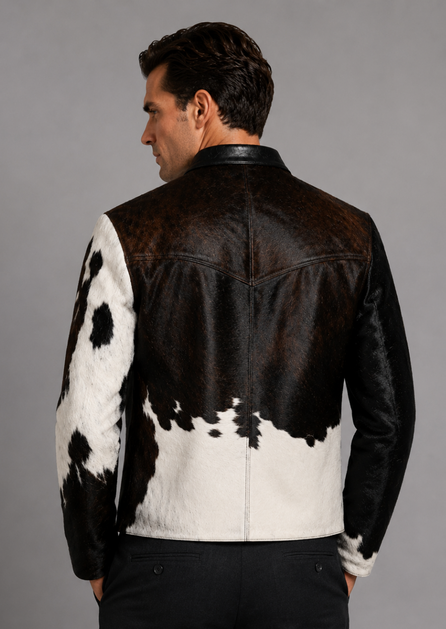 Premium hair-on cowhide leather jacket featuring unique cow print patterns