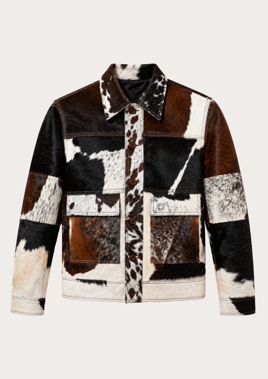 Men’s western cowhide jacket with hair on pony hide and cow print design