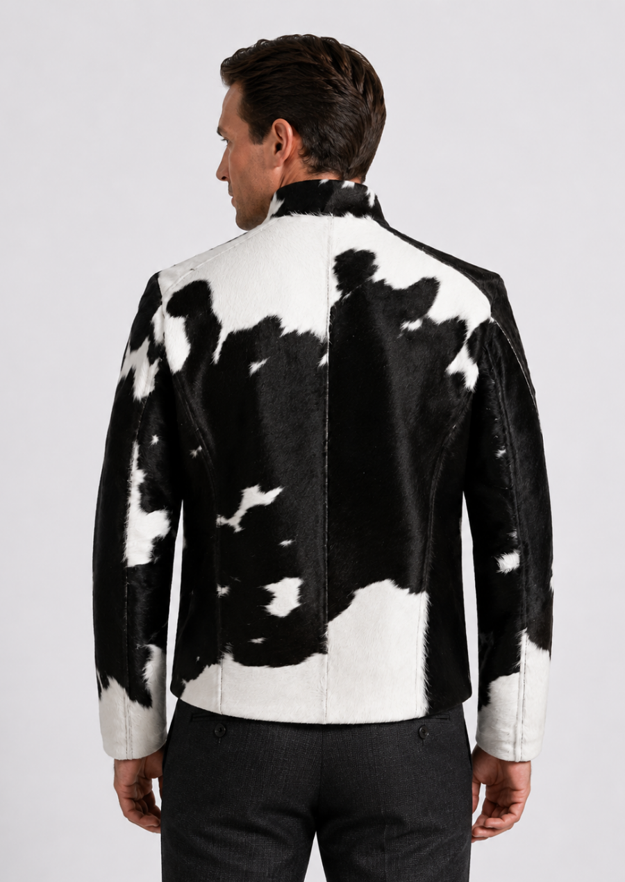 Premium black and white cowhide fur jacket for men handcrafted western wear