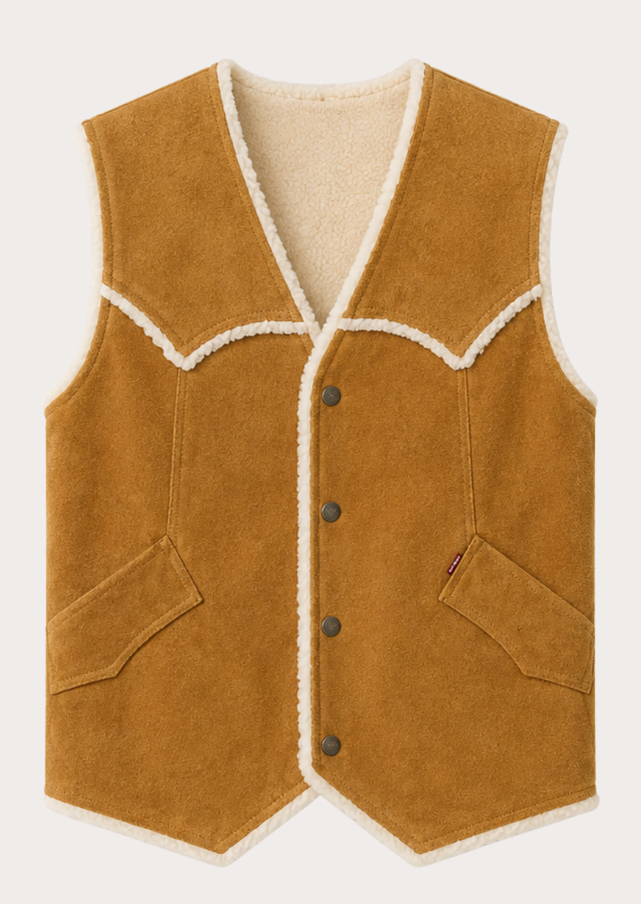 Ranch-style suede waistcoat featuring a soft shearling lining and side pockets