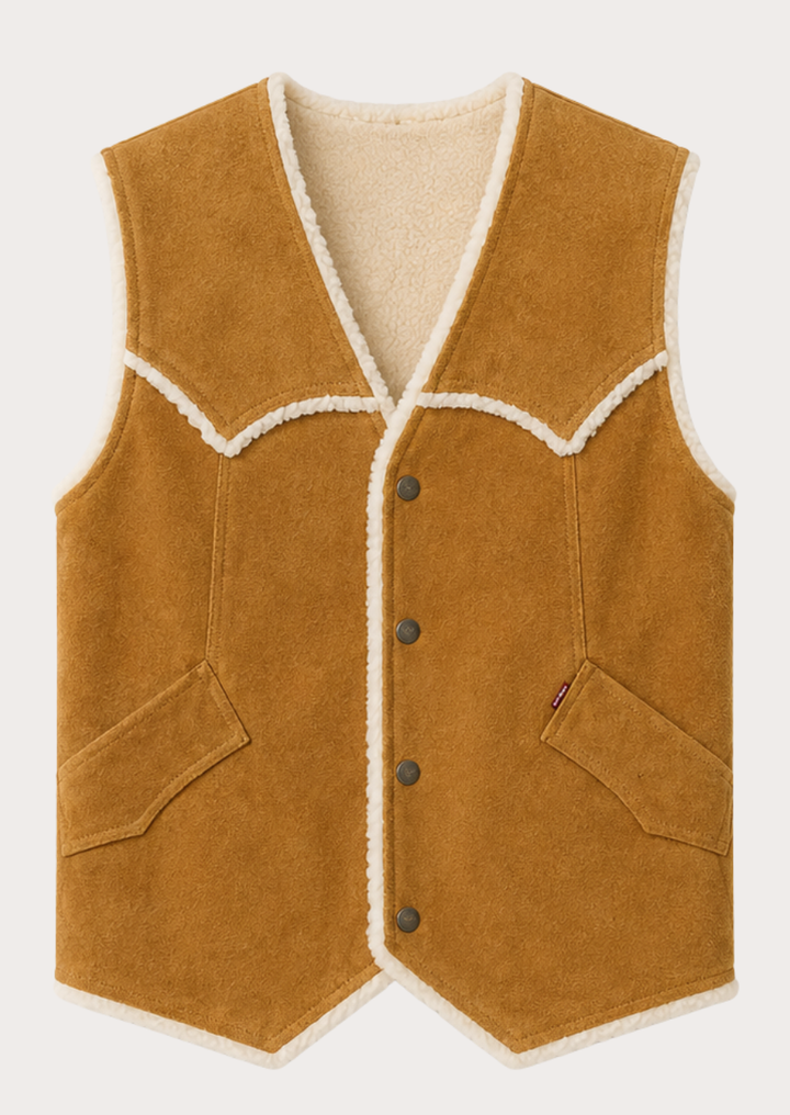 Ranch-style suede waistcoat featuring a soft shearling lining and side pockets