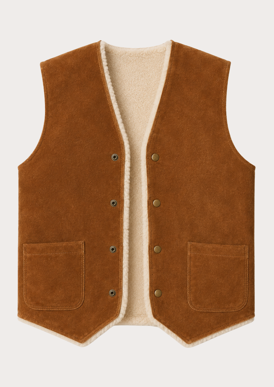 Premium tobacco brown cowboy vest with genuine suede leather construction.
