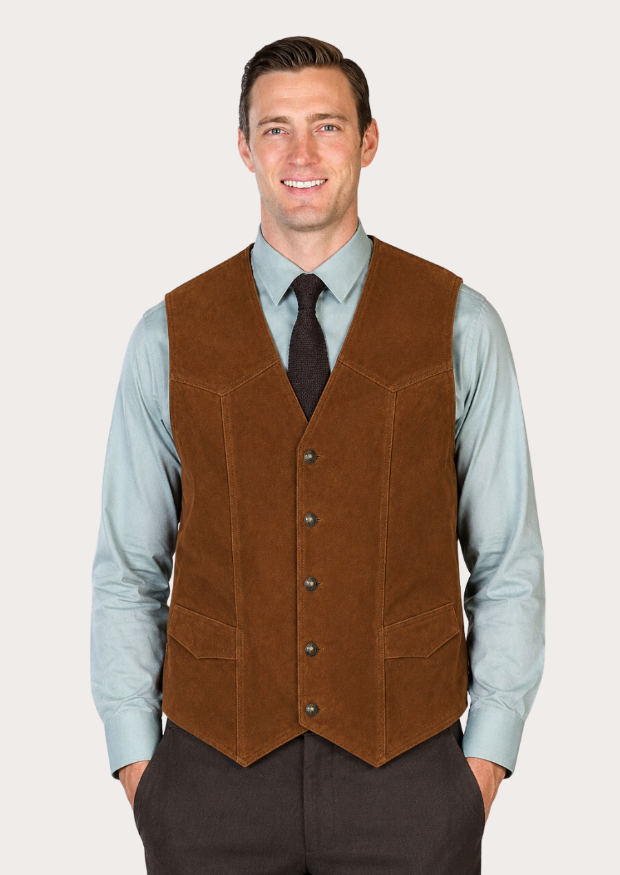 Men's Western suede waistcoat in tobacco brown with button front closure