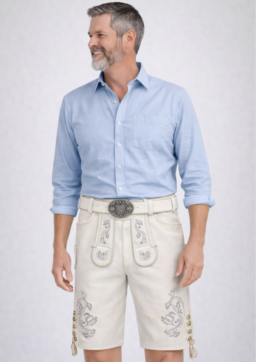 Men's White Lederhosen with Floral Embroidery for Oktoberfest