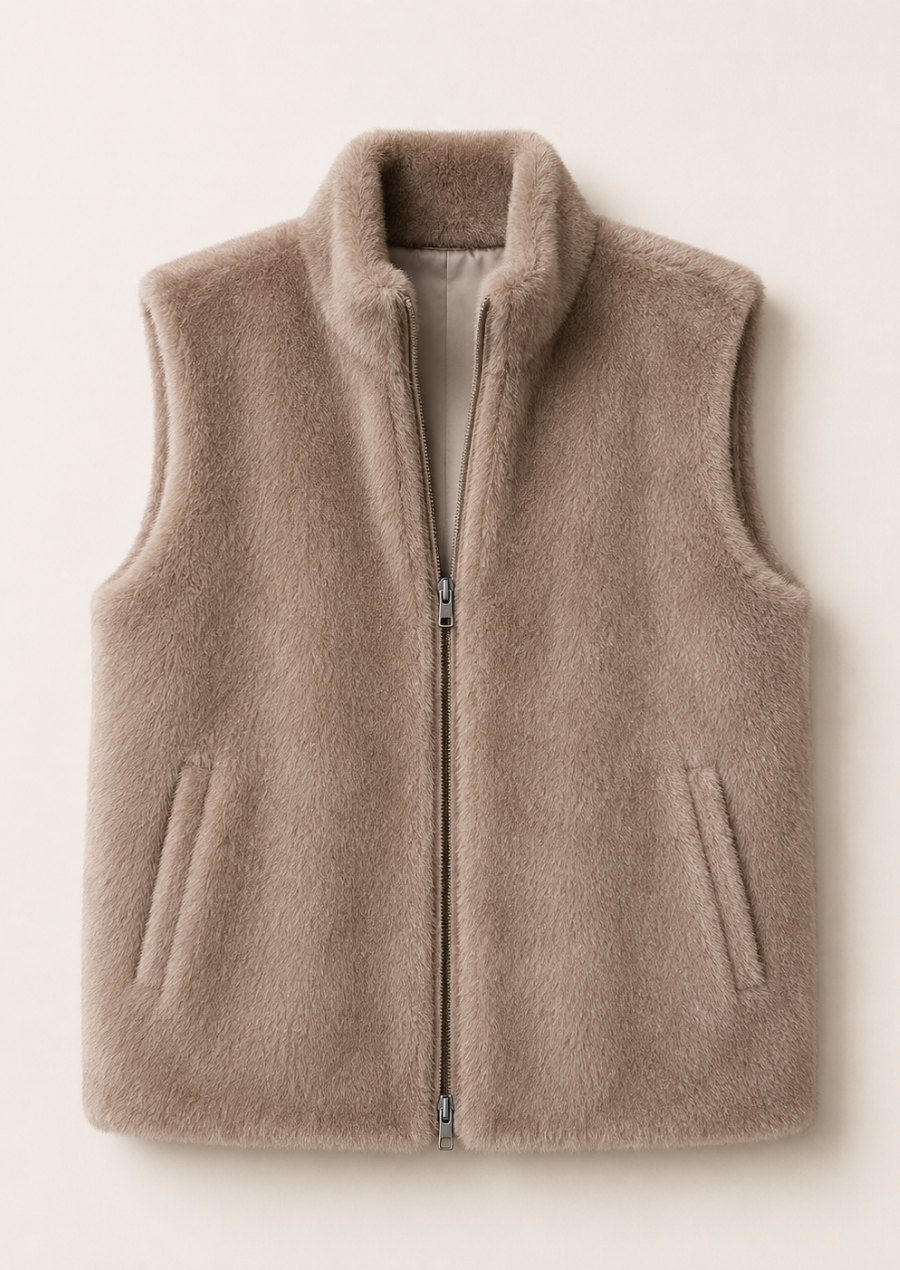 Warm beige sherpa vest featuring side pockets and lightweight insulation.