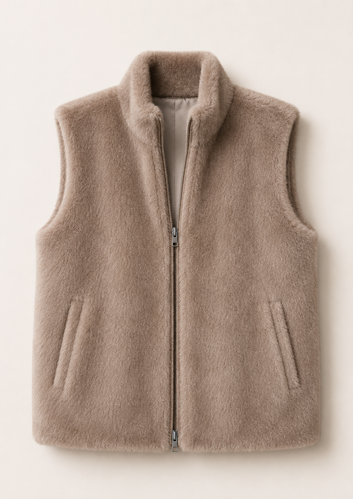 Warm beige sherpa vest featuring side pockets and lightweight insulation.