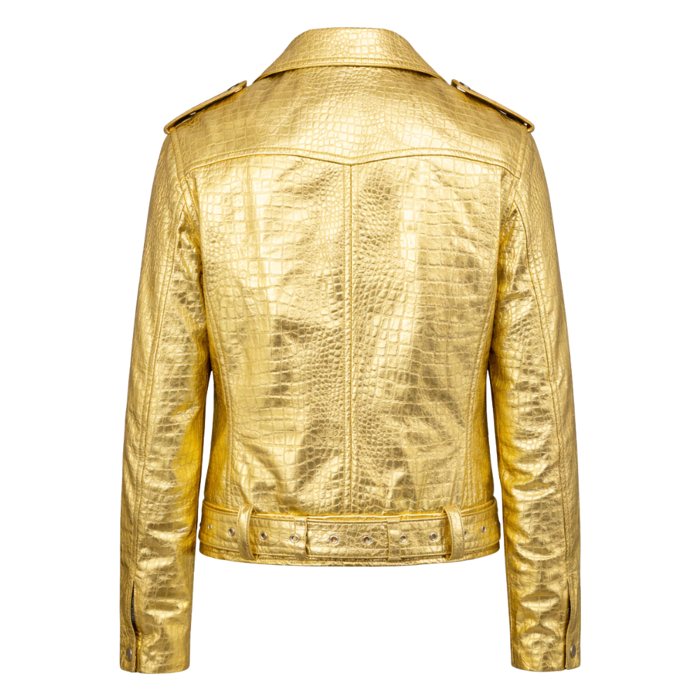 Metallic gold leather biker jacket with glossy finish and moto styling