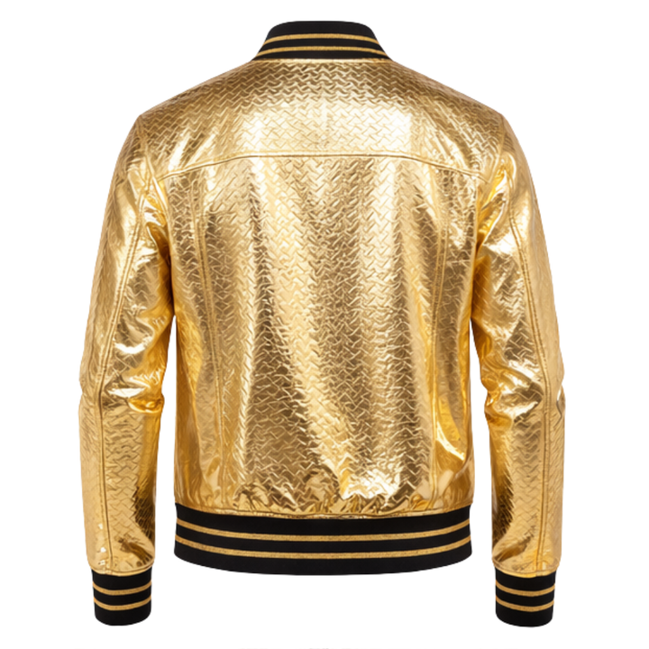 Gold shimmer metallic leather bomber jacket