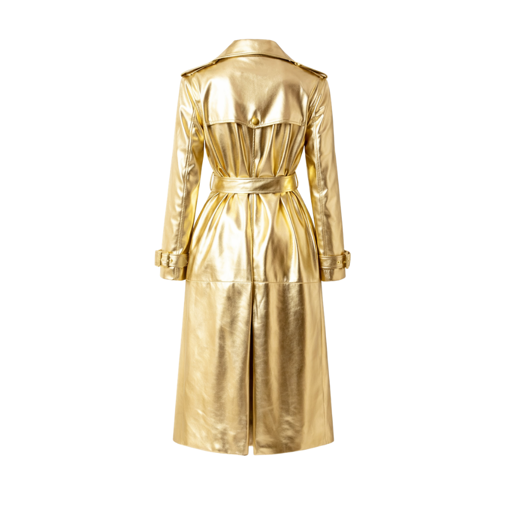 Metallic gold leather trench coat for women with glossy finish and belted waist