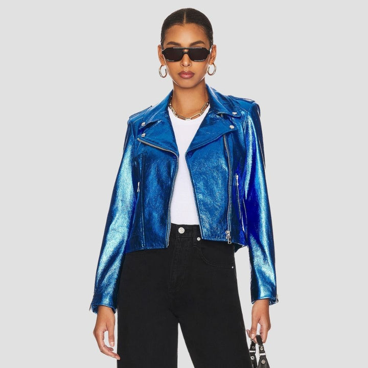 Elevate your wardrobe with metallic jackets for women featuring a zip closure. The modern design and metallic sheen, combined with a practical zipper, make it a stylish yet functional choice.