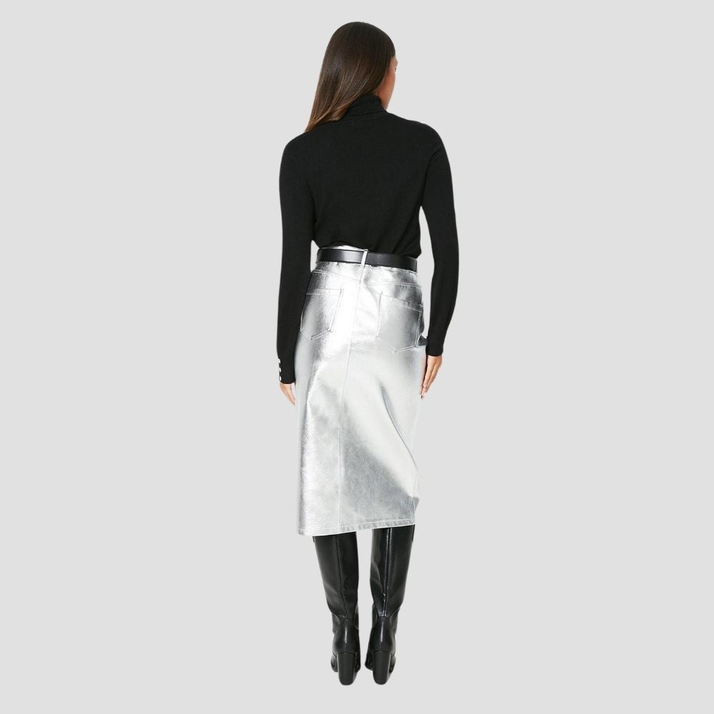 Women's metallic leather skirt with a sleek design and premium quality for elegant style.