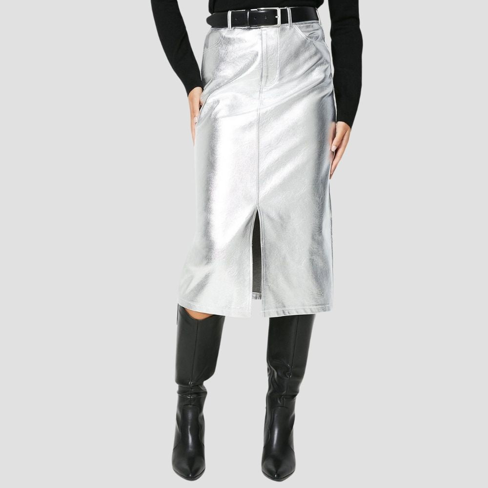 Stylish metallic leather skirt for women, perfect for a sleek and sophisticated look.