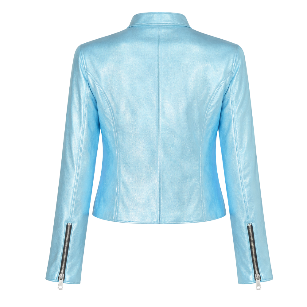 Navy blue metallic leather jacket with shiny finish