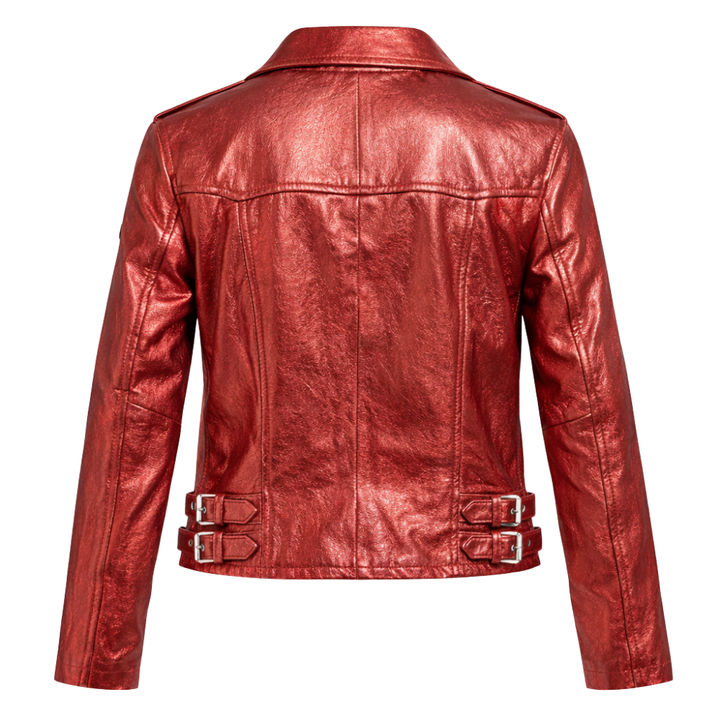 Metallic red leather jacket for women with glossy finish and modern design