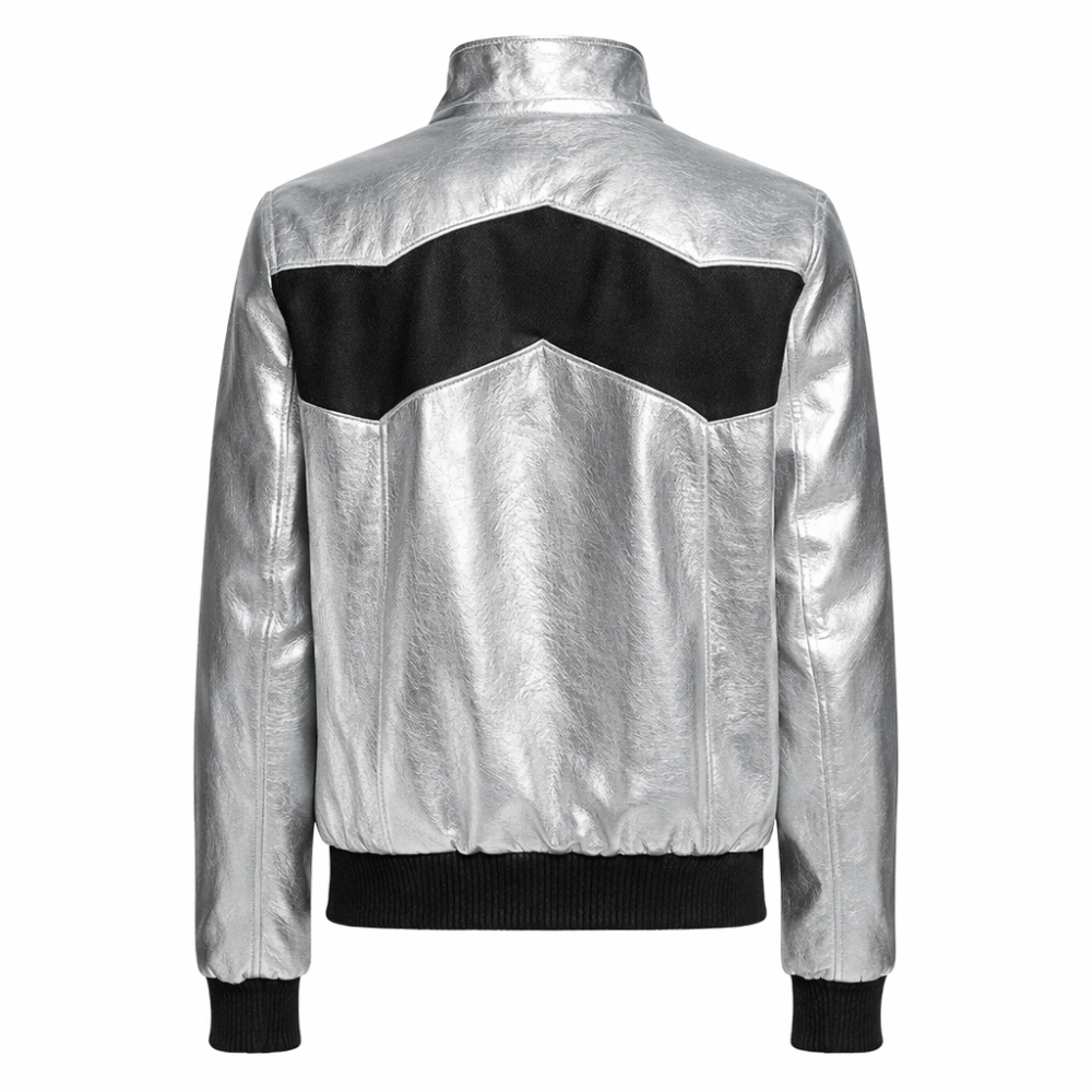 Metallic silver bomber jacket for women with glossy finish and ribbed cuffs