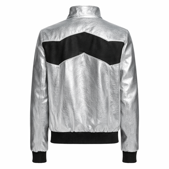 Metallic silver bomber jacket for women with glossy finish and ribbed cuffs