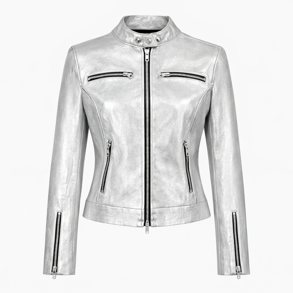Silver metallic leather biker jacket with modern moto style