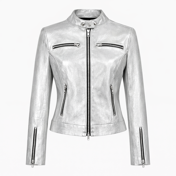 Silver metallic leather biker jacket with modern moto style