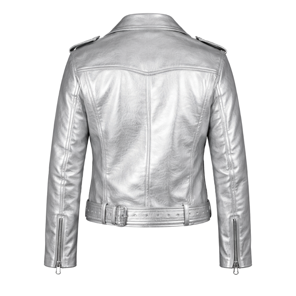Metallic silver leather biker jacket with glossy finish and moto styling