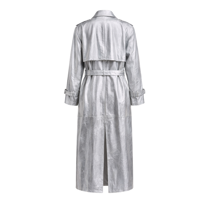 Metallic silver leather trench coat for women with glossy finish and belted waist