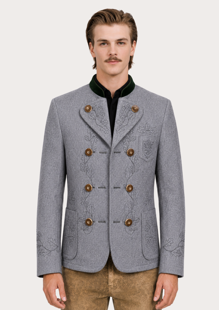 Grey Bavarian Miesbacher jacket with traditional embroidery for Oktoberfest
