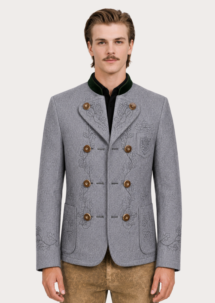 Grey Bavarian Miesbacher jacket with traditional embroidery for Oktoberfest