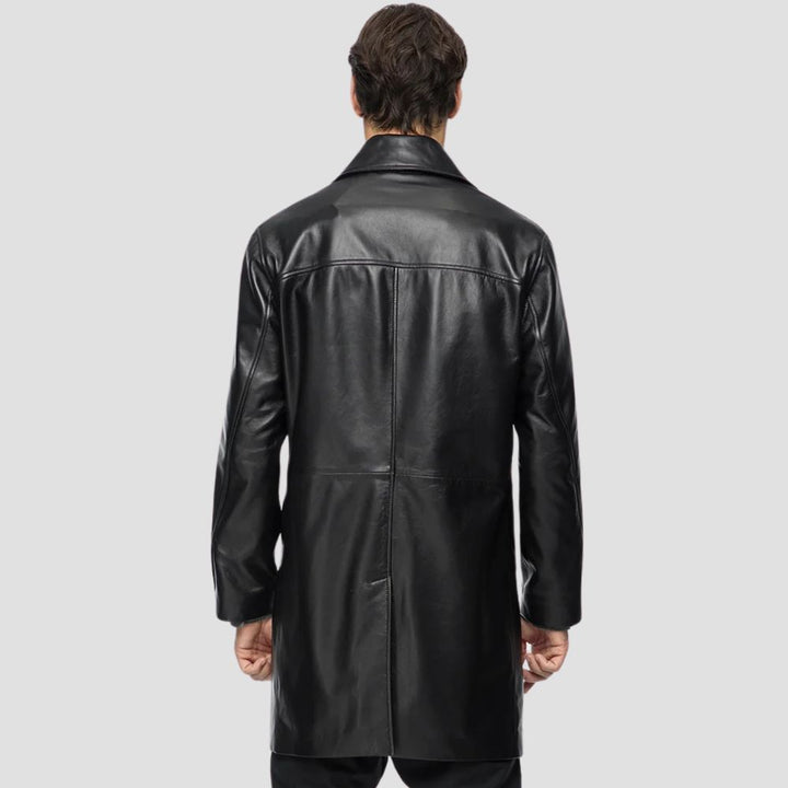 Stylish and durable leather trench coat for men’s fashion.