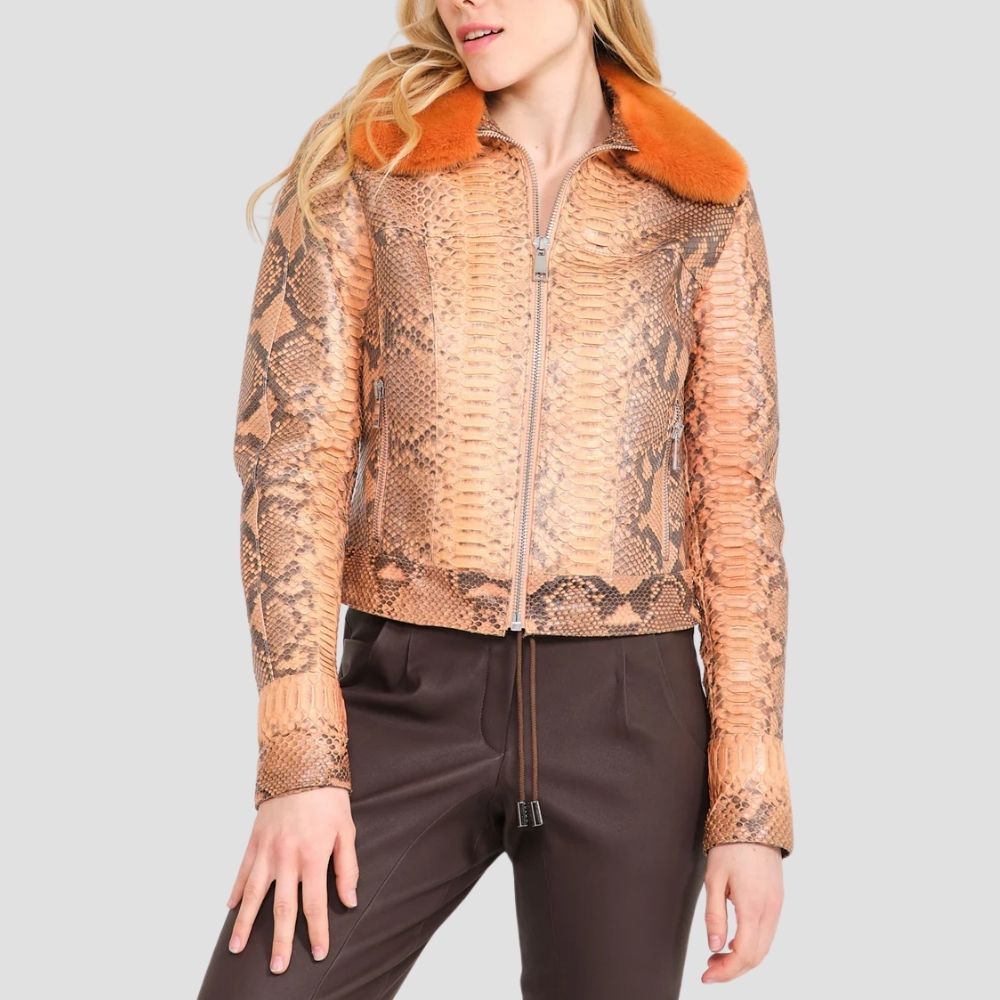 Stay chic in the city with this modern ladies snake skin fur collar jacket. The striking snake skin pattern and plush fur collar combine for an edgy, fashionable look.