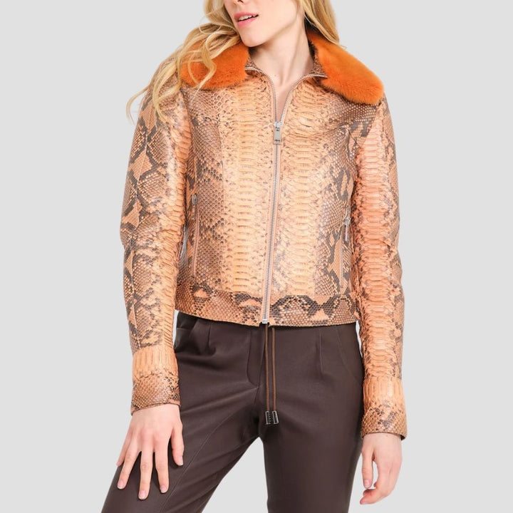 Stay chic in the city with this modern ladies snake skin fur collar jacket. The striking snake skin pattern and plush fur collar combine for an edgy, fashionable look.