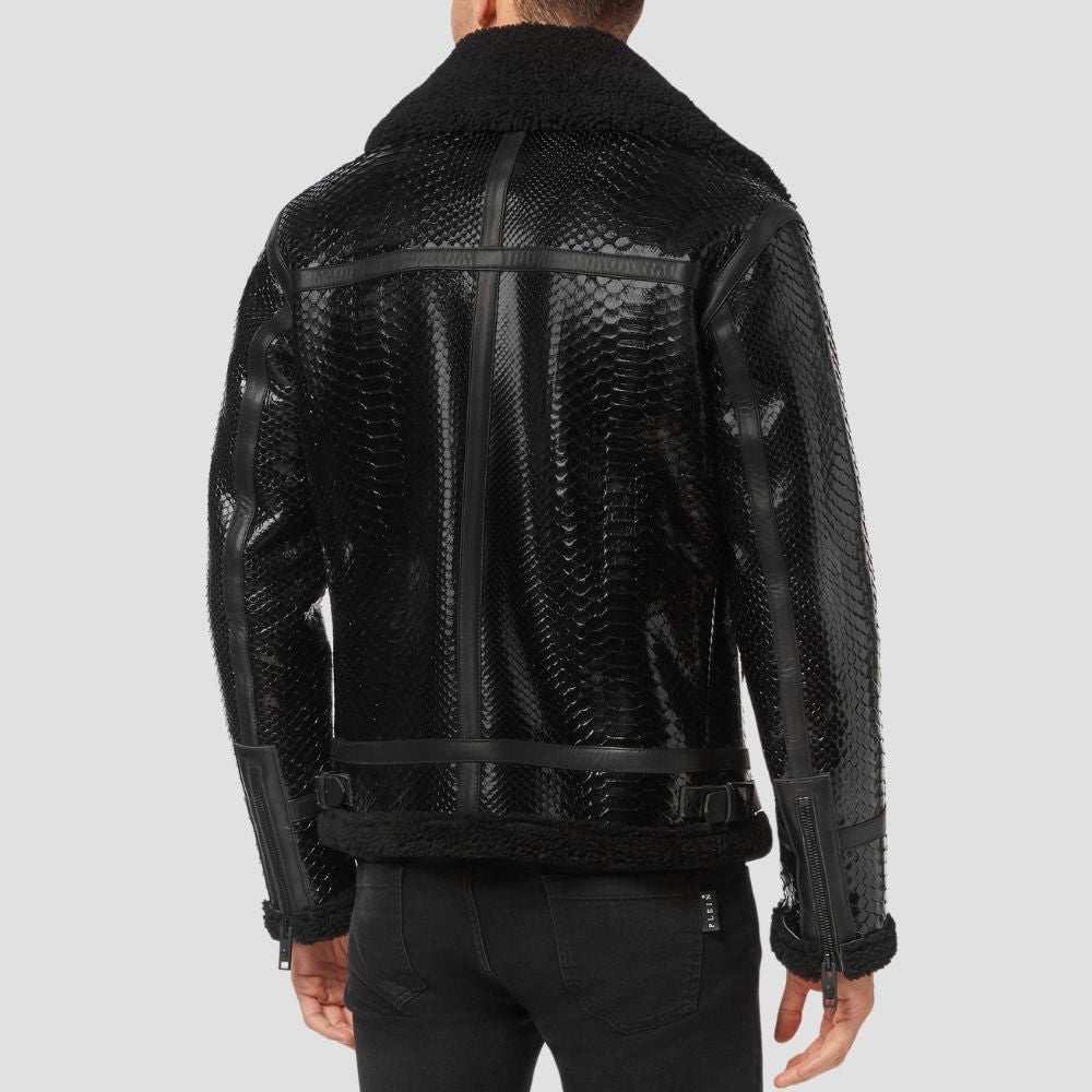 Stay warm and stylish in this premium snakeskin leather jacket for men, complete with a soft shearling lining.