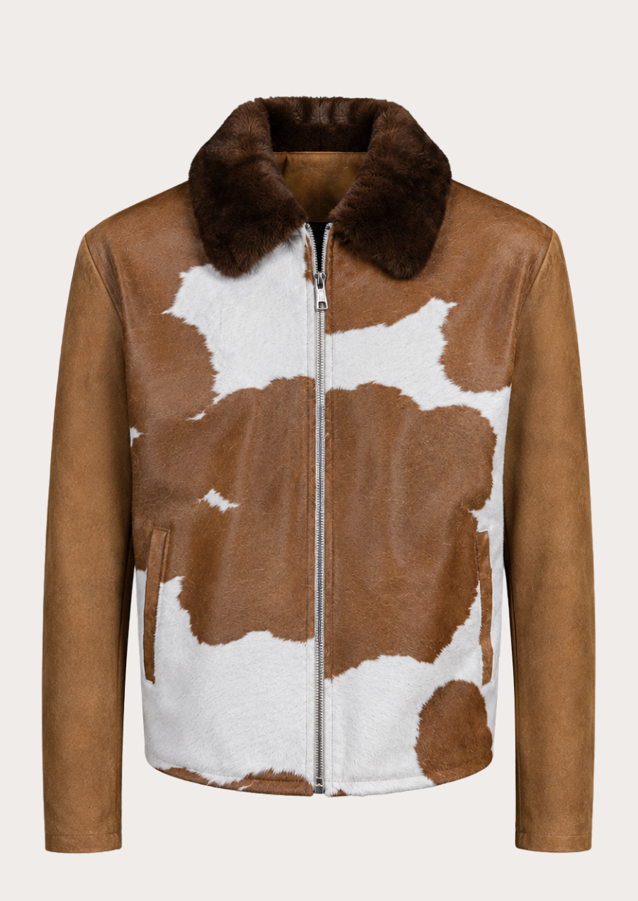 Premium Montana Ranch cowhide jacket with natural hide pattern and soft fur collar