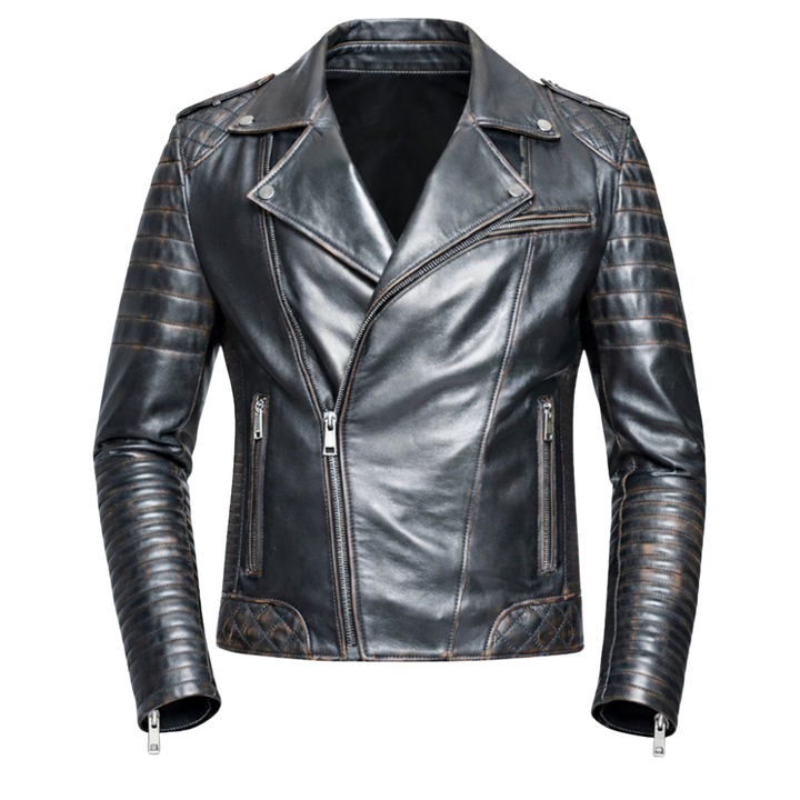 Men's shimmer metallic motorcycle leather jacket with glossy finish and moto details