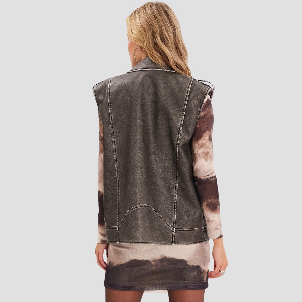 Classic vintage leather vest for women, designed with retro detailing for a stylish, timeless look perfect for everyday wear.
