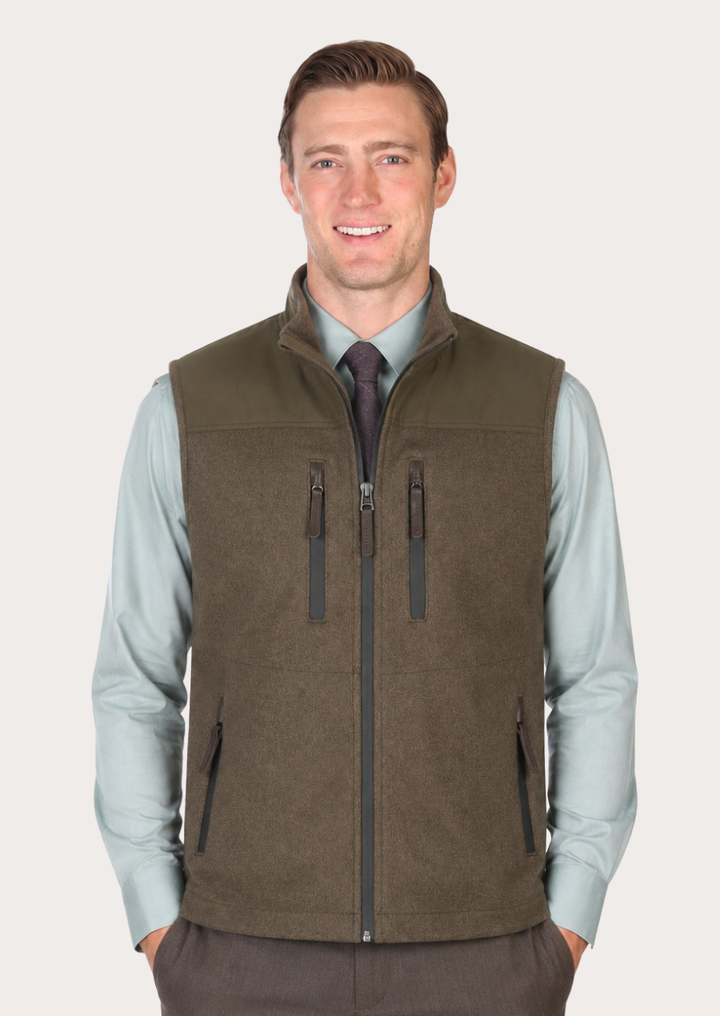 Mountain Heritage Merino brown wool Loden vest for men with traditional Alpine styling