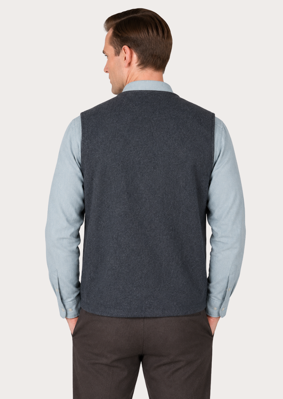 Western-inspired wool blend vest featuring dual chest pockets and a V-neck design