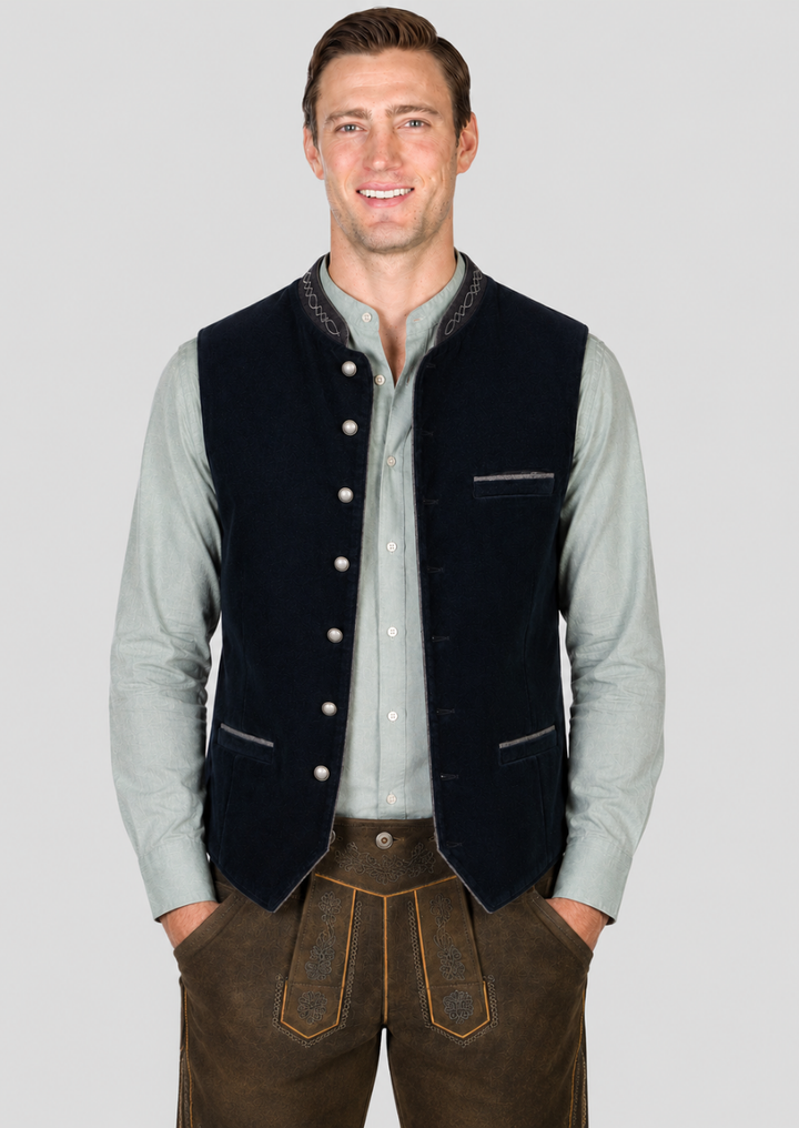 Premium blue velvet Trachten vest showcasing traditional Alpine-inspired craftsmanship
