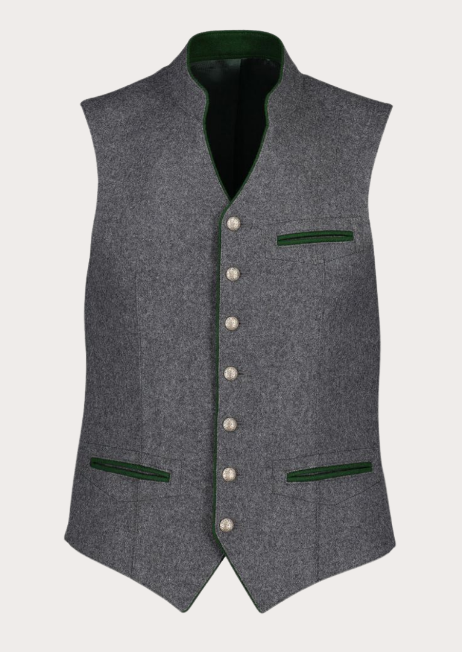 Men's grey Trachten vest with stand-up collar and tailored fit design