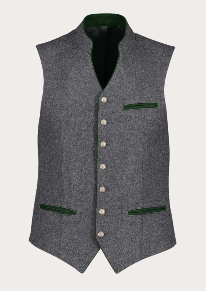Men's grey Trachten vest with stand-up collar and tailored fit design
