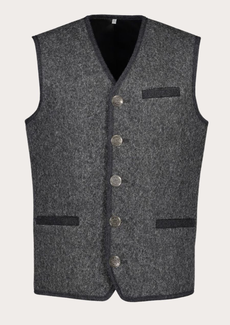 Grey Oktoberfest Trachten vest with classic V-neck design and welt pockets
