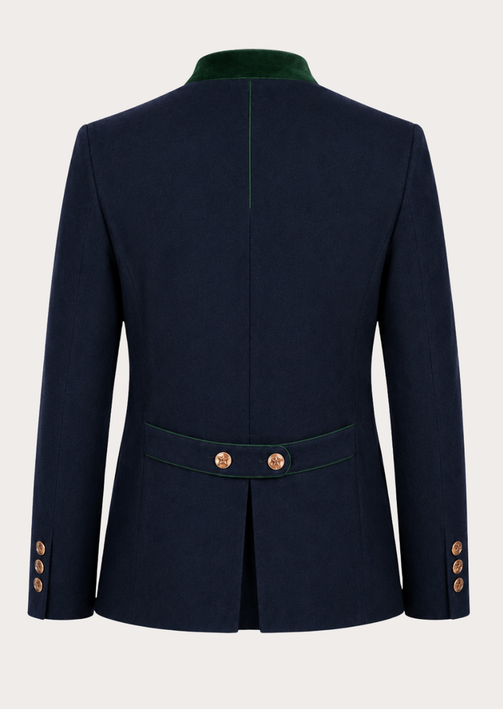 Men's Bavarian Oktoberfest jacket featuring green piping and slim-fit tailoring