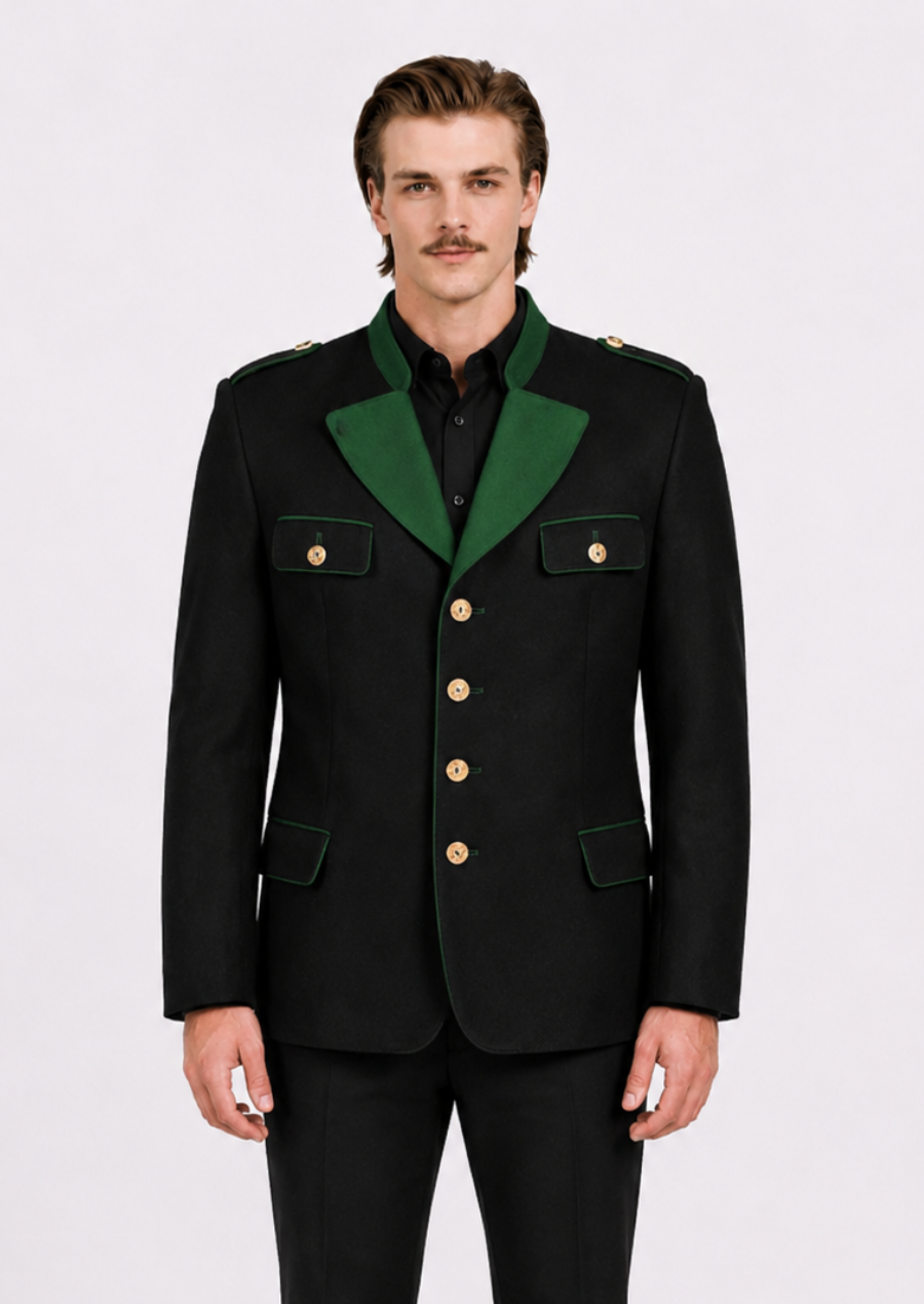 Old Styrian traditional black Trachten jacket for men with authentic Alpine heritage styling