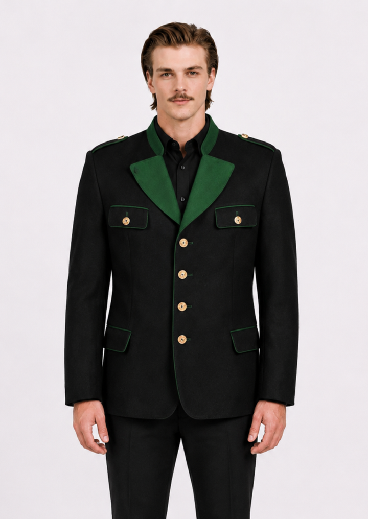 Old Styrian traditional black Trachten jacket for men with authentic Alpine heritage styling