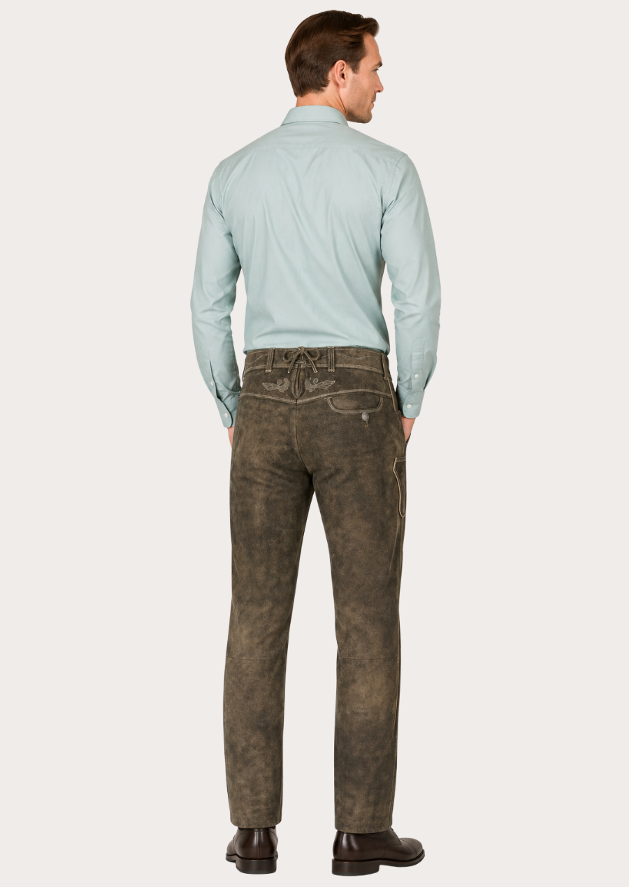 Stylish distressed suede leather pants for men combining heritage and modern fashion